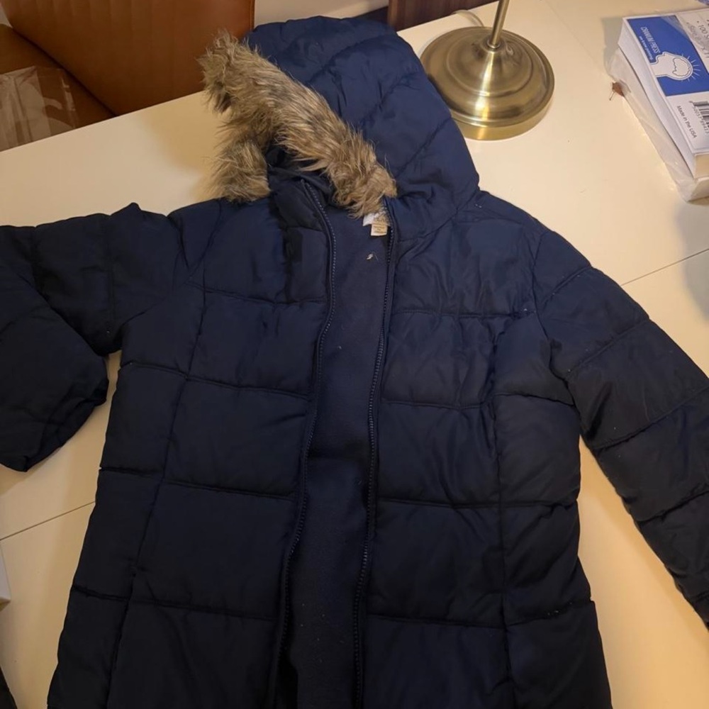 The Children's Place Navy Puffer Coat with Faux Fur Hood